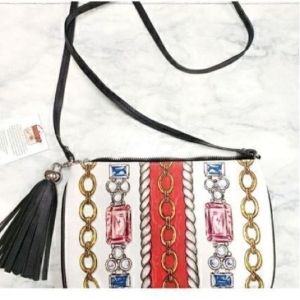 Brighton Women’s Small Crossbody Glitter and Go Pouch White Red with Tassel - Picture 10 of 16